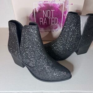 Not Rated Black Glitter Ankle Booties with Block Heel